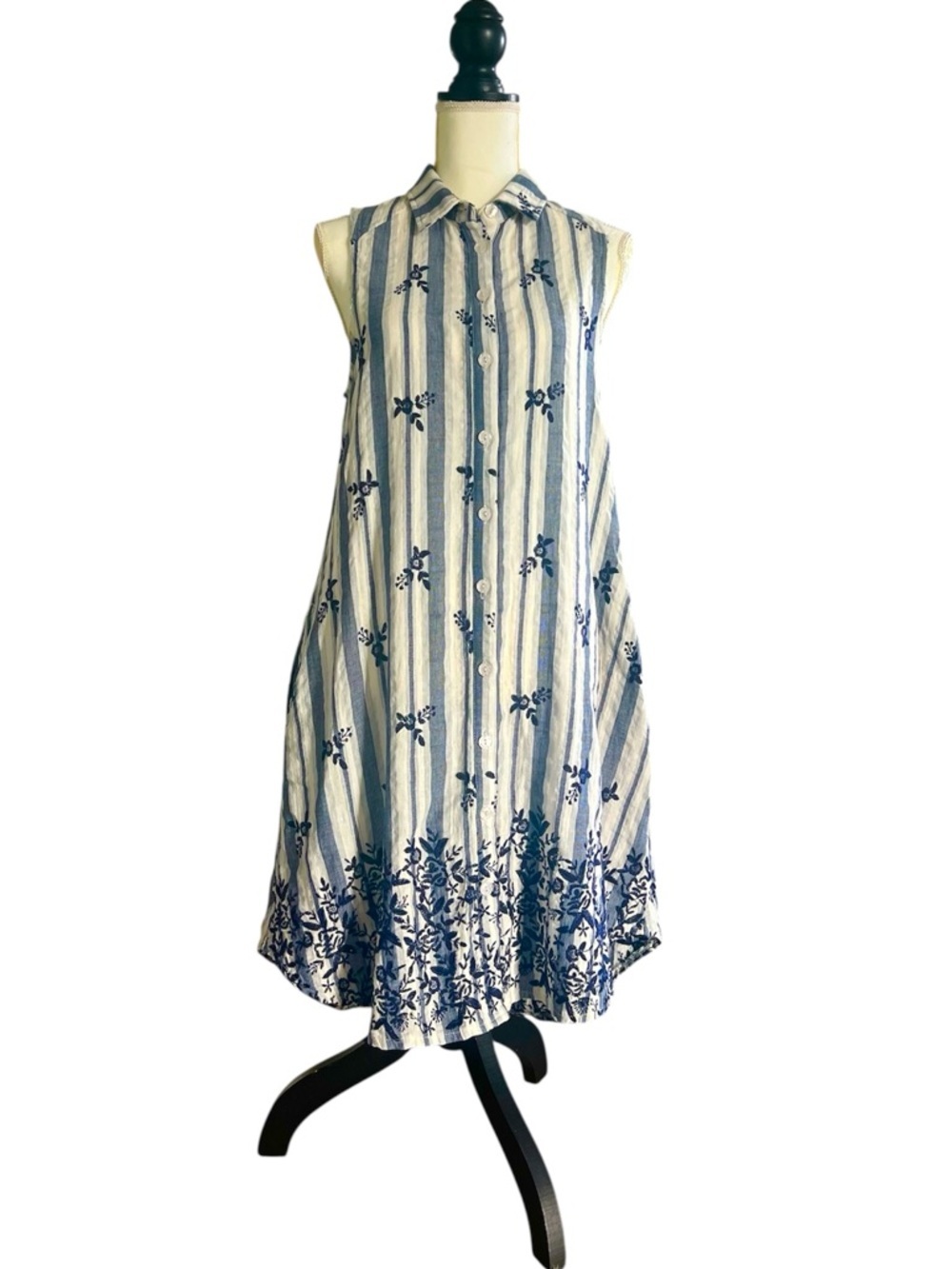 Boho Chic Embroidered Cotton Striped Appliqué Midi Dress Blue and Ivory Size S - Picture 6 of 12